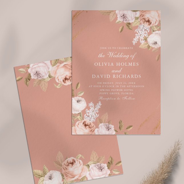 Elegant Rosa Peony Wedding Investigation Inbjudningar (Elegant Pink Peony Wedding Invitation on table.)