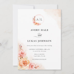 Elegant Rosa Persika Blommig Boho Bröllop Inbjudningar