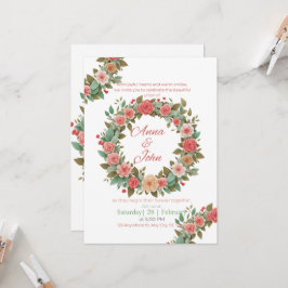 Elegant Rosa & Persika Blommig Krans Bröllopsinbju Inbjudningar