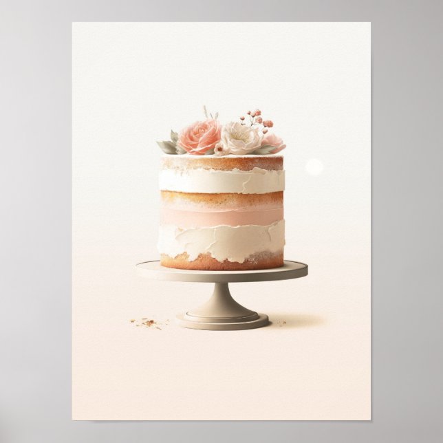 Elegant Rosa Persika Blommig Tårta Kök Bageri Poster (Framsidan)
