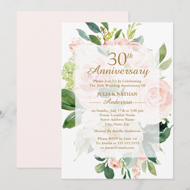 Elegant Rosa Persikoblomning 30-års bröllopsdag Inbjudningar (Fram/baksida)
