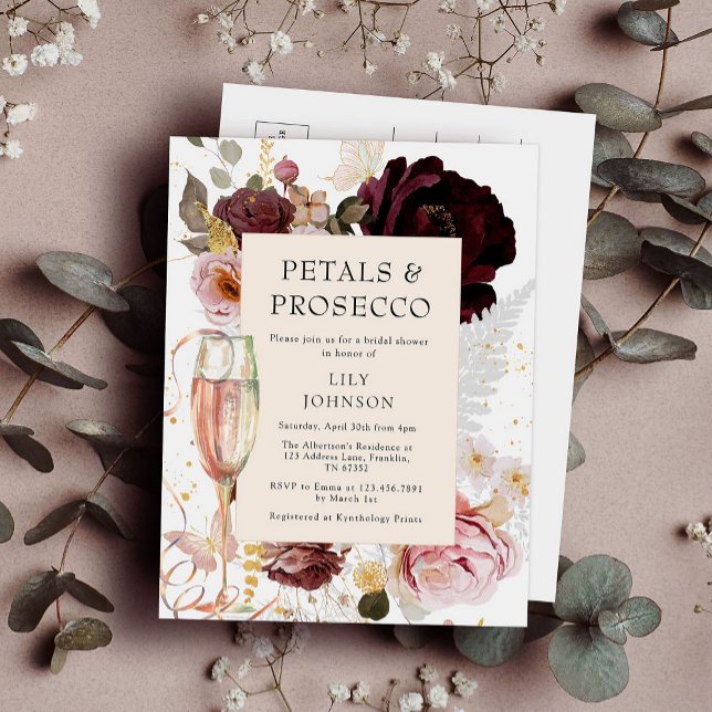Elegant Rosa Petals & Prosecco Möhippa Inbjudan Vykort (Skapare uppladdad)