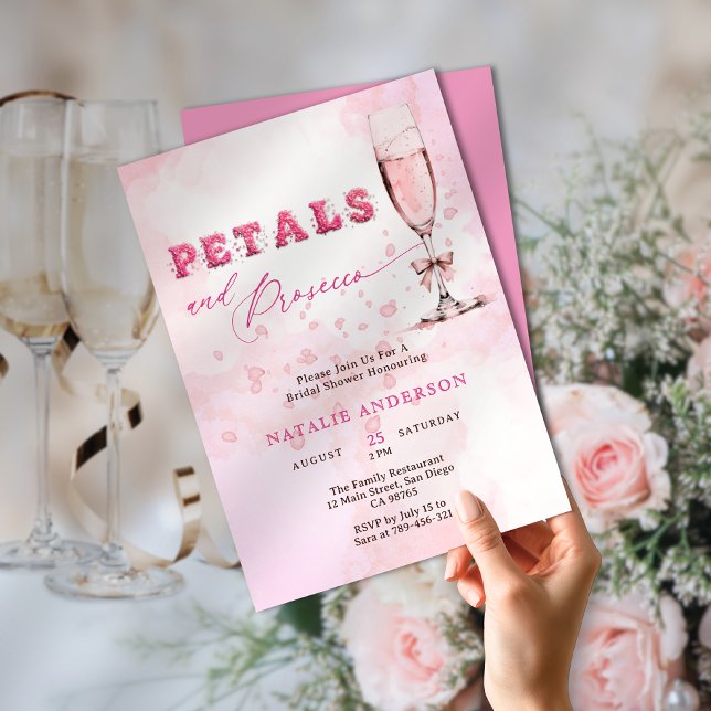 Elegant Rosa Petals & Prosecco Möhippa Inbjudningar (Elegant Pink Petals & Prosecco Bridal Shower Invitation)