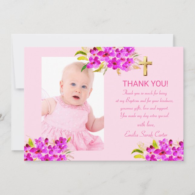 Elegant Rosa Photo Guld Kor Girl Girl Baptism Tack Kort (Framsida)
