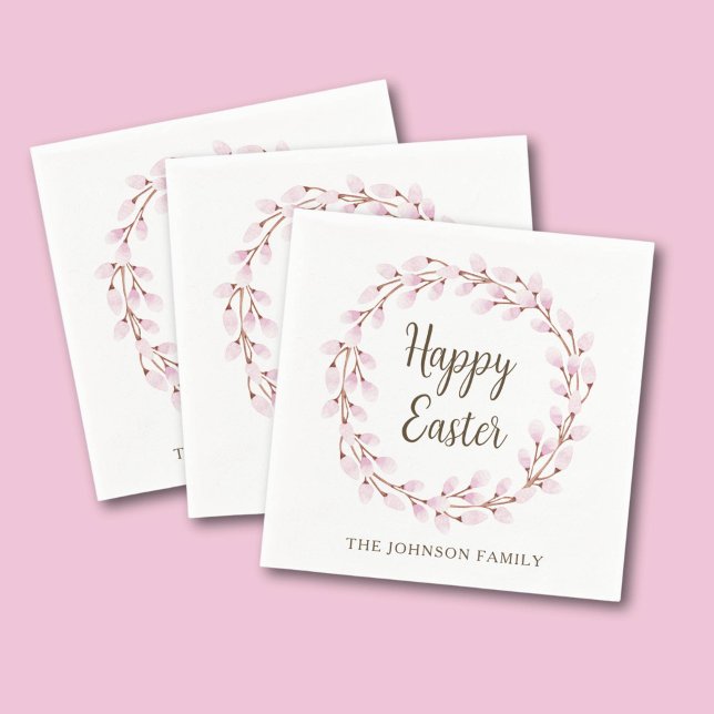 Elegant Rosa Pilmård Glad Påsk Pappersservett (Elegant Pink Pussy Willow Happy Easter Napkins)