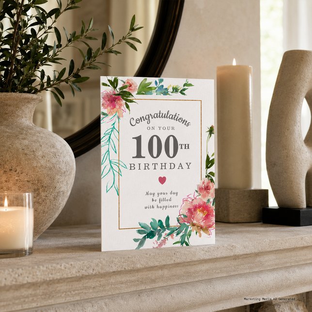 Elegant Rosa Pion Blommig 100-årsdag Kort (Skapare uppladdad)