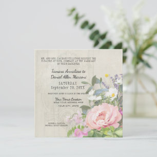 Elegant Rosa Pion Blommig Grönska Rustik Trä Inbjudningar