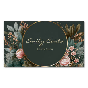 Elegant Rosa Pion Botanisk Mörk Teal Guld Cirkel Magnetiska Visitkort