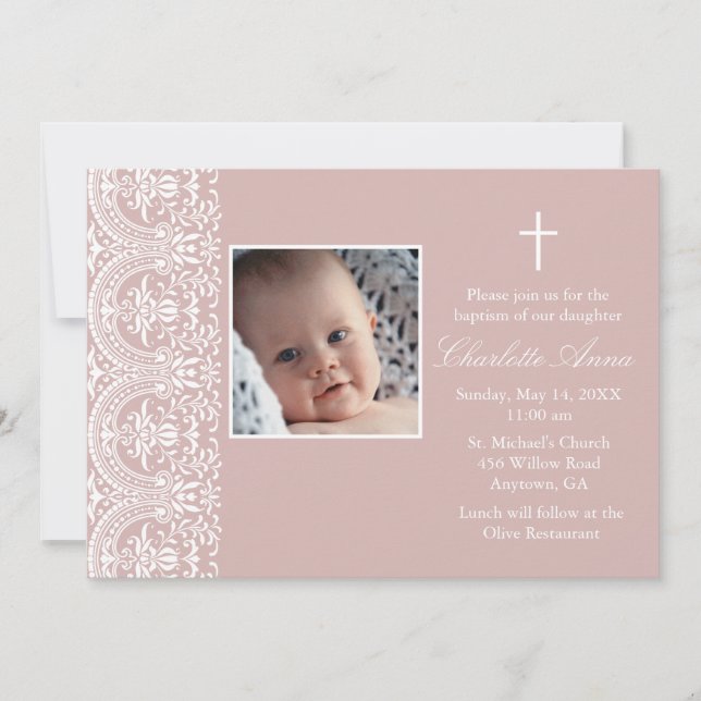 Elegant Rosa Plum & White Damask Baptism Inbjudan (Framsida)