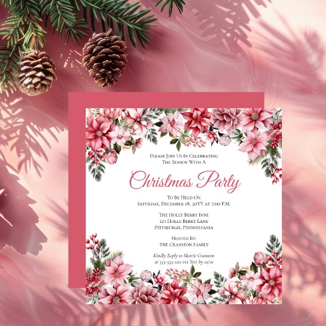 Elegant Rosa Poinsettias Blommigt jul Party Inbjudningar (Elegant Pink Poinsettias Floral Christmas Party Invitation)