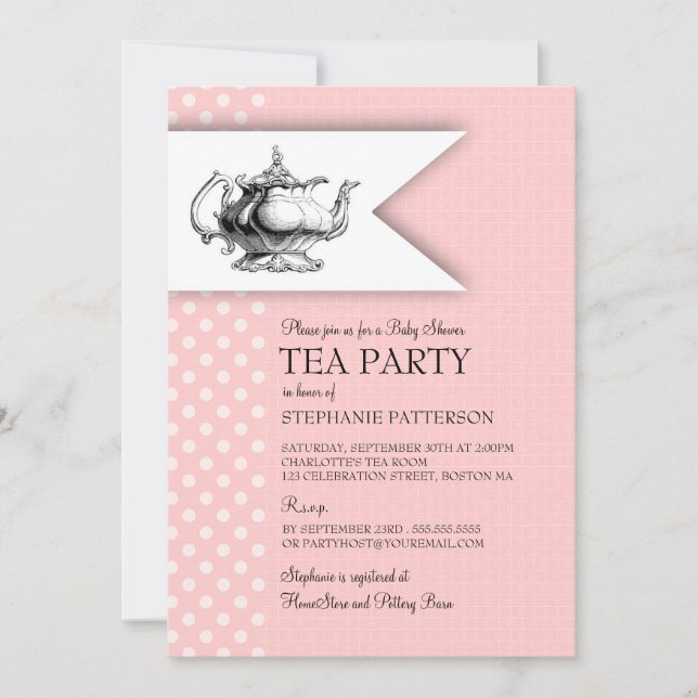 Elegant Rosa Polkadot Baby Shower Tea Party Inbjudningar (Framsida)