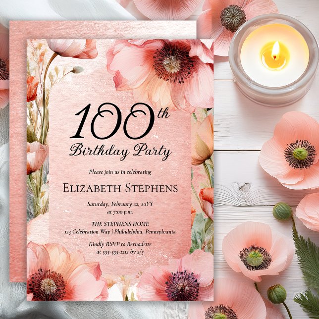 Elegant Rosa Poppies Blommigt 100:e Födelsedagsfes Inbjudningar (Elegant Pink Poppies Floral 100th Birthday Party Invitation - Print | Digital Download)