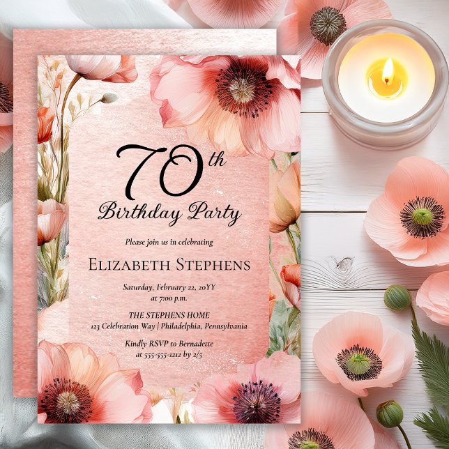 Elegant Rosa Poppies Blommigt 70:e Födelsedagsfest Inbjudningar (Elegant Pink Poppies Floral 70th Birthday Party Invitation - Print | Digital Download)