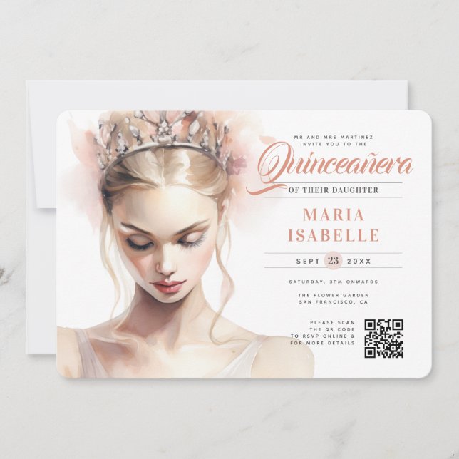 Elegant Rosa Princess QR Code Quinceañera Inbjudningar (Framsida)