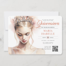 Elegant Rosa Princess QR Code Quinceañera Inbjudningar