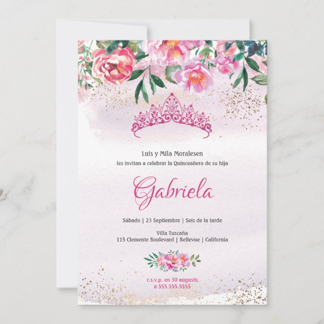 Elegant Rosa Princess Tiara Quinceanera bjudan Inbjudningar (Framsida)