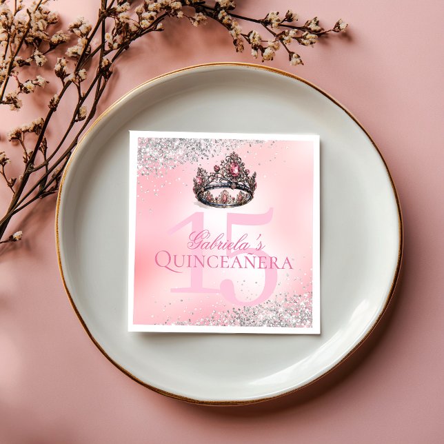 Elegant rosa prinsessakrona Quinceanera Pappersservett (Elegant Pink Princess Crown Quinceanera Napkins)