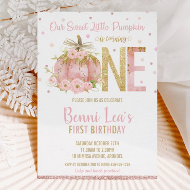 Elegant Rosa Pumpkin 1:a födelsedagen en flicka Inbjudningar (sweet-pink-pumpkin-rose-gold-blush-pink-floral-1st-first-birthday-party-one-invitation-cards-digital)