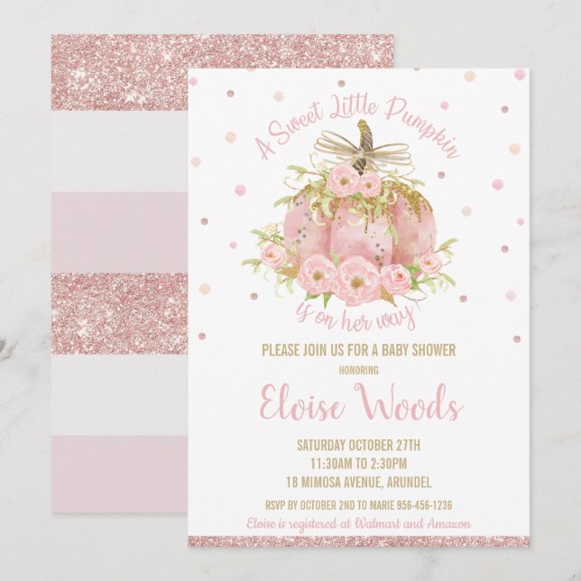 Elegant Rosa Pumpkin Baby Shower Girl Inbjudningar (Fram/baksida)
