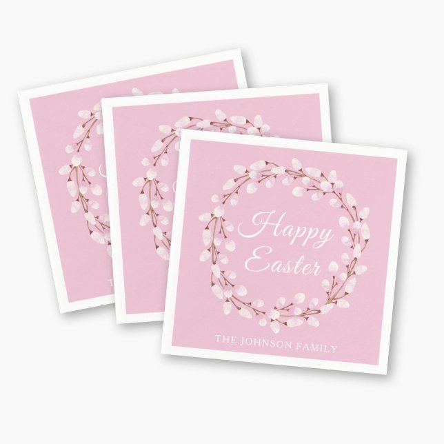 Elegant Rosa Pussy Pilört Glad Påsk Pappersservett (Elegant Pink Pussy Willow Happy Easter Napkins)