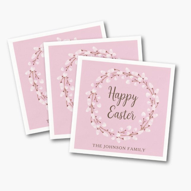 Elegant Rosa Pussy Willow Glad påsk Pappersservett (Elegant Pink Pussy Willow Happy Easter Napkins)