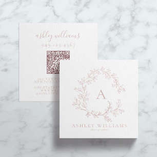 Elegant Rosa QR-Blommigt, Monogram, Vapensköld Fyrkantigt Visitkort