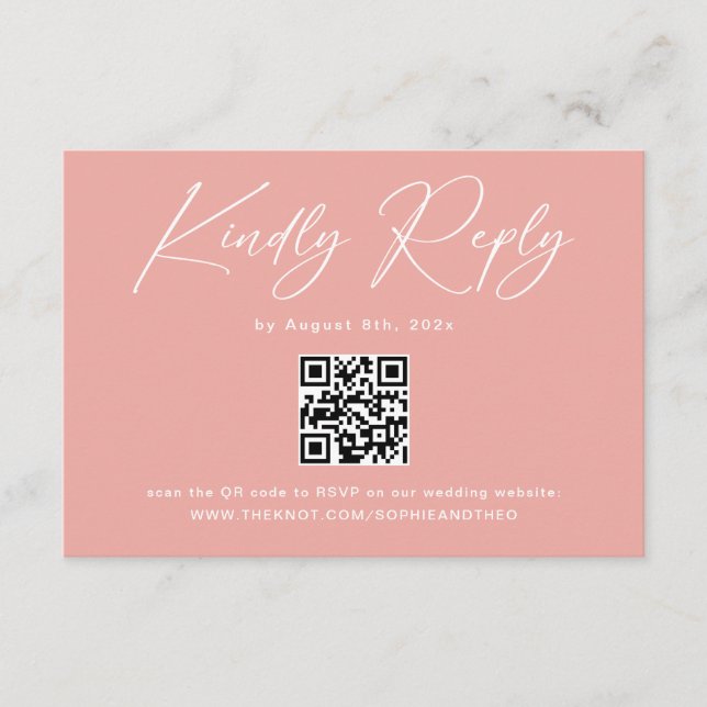 Elegant rosa QR-kod bröllopsanmälan Tilläggskort (Framsida)