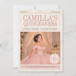 Elegant Rosa Quinceanera-Foto Tidning Inbjudningar