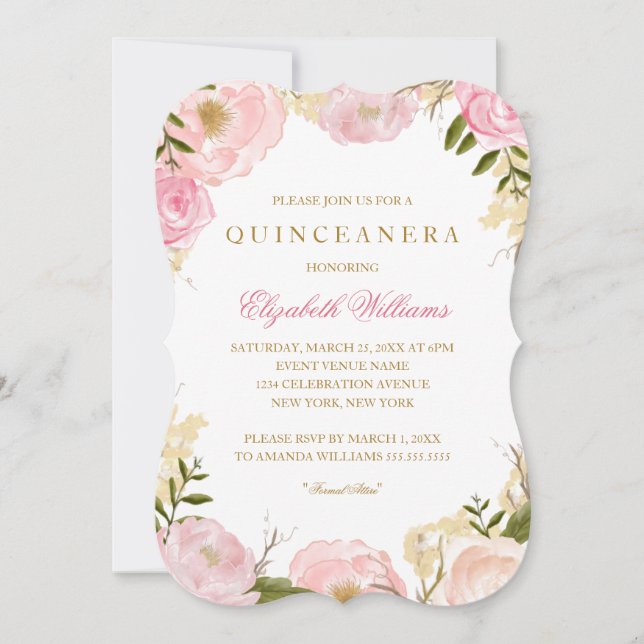 Elegant Rosa Quinceanera Inbjudan (Framsida)