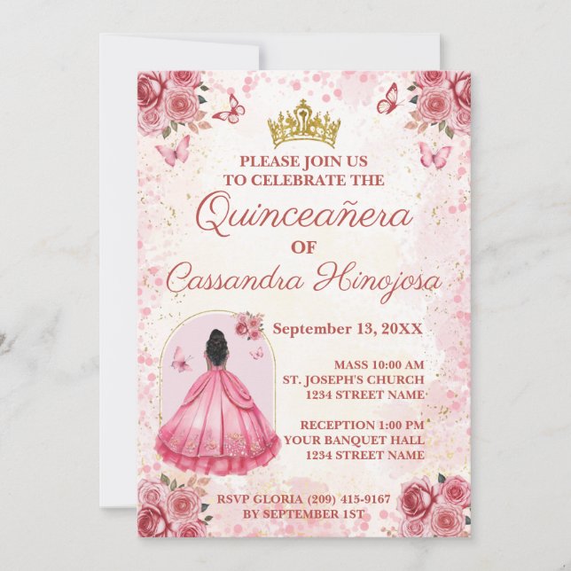 Elegant Rosa Quinceañera-inbjudan 15 År Inbjudningar (Framsida)