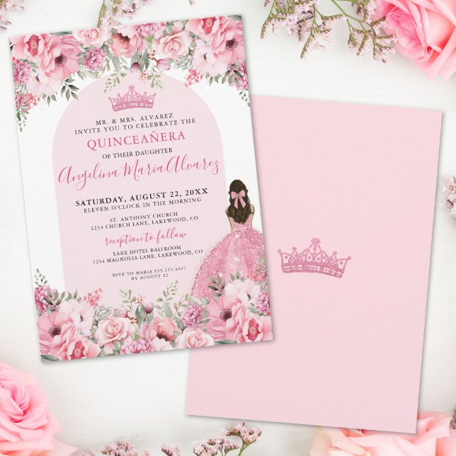 Elegant Rosa Quinceanera Inbjudningar (Elegant Floral Rose Pink Quinceanera Invitation)