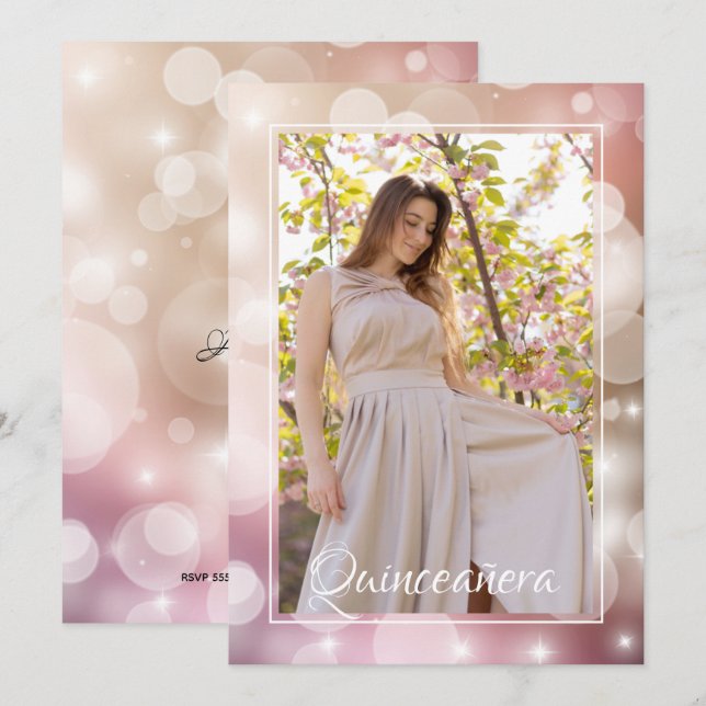 Elegant Rosa  Quinceañera Photo Birthday Inbjudningar (Fram/baksida)