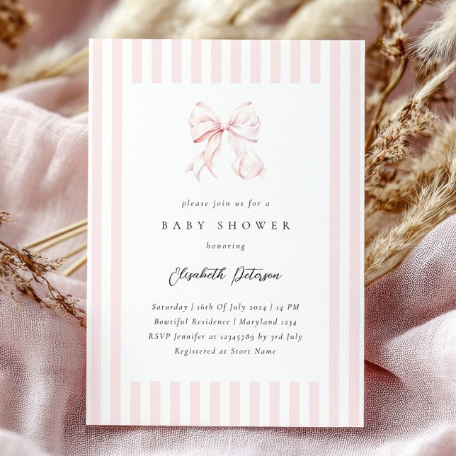 Elegant Rosa Rand Bow Baby Shower Baby Shower Inbjudningar (Skapare uppladdad)