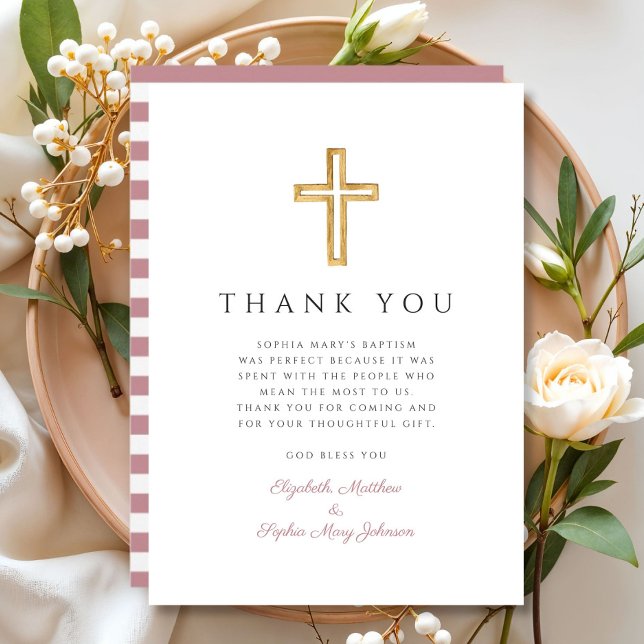 Elegant Rosa Rand Religiösa Kor Girl Baptism Tack Kort (Elegant Pink Stripes Religious Cross Girl Baptism Thank You Card)