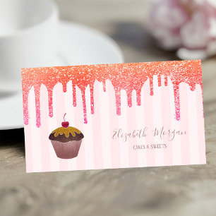 Elegant rosa ränder dropar Cupcake Körsbär Visitkort