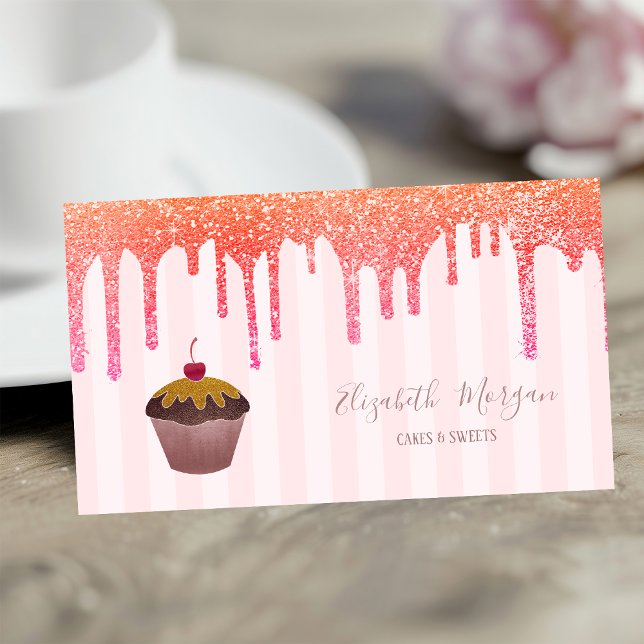 Elegant rosa ränder dropar Cupcake Körsbär Visitkort (Skapare uppladdad)
