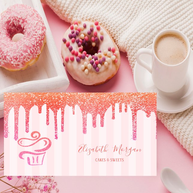 Elegant Rosa Ränder Glitterdroppar Cupcake  Visitkort (Skapare uppladdad)
