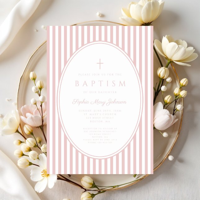 Elegant rosa randig dopinbjudan för flicka inbjudningar (Elegant Pink Striped Girl Baptism Invitation)