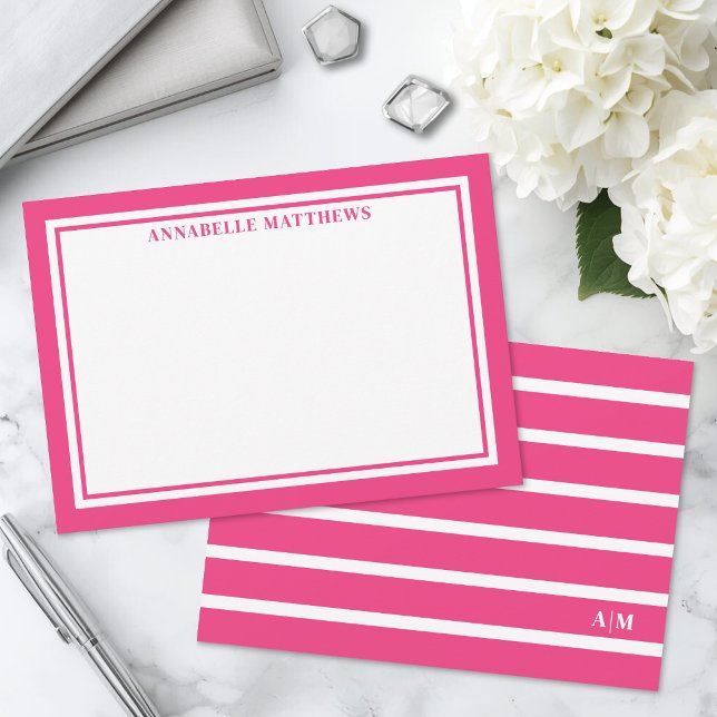 Elegant rosa randig monogram anteckningskort (Elegant Pink Striped Monogram Note Card)