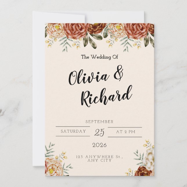 Elegant Rosa Red Blommigt Rustic & Chic Bröllop Inbjudningar (Framsida)