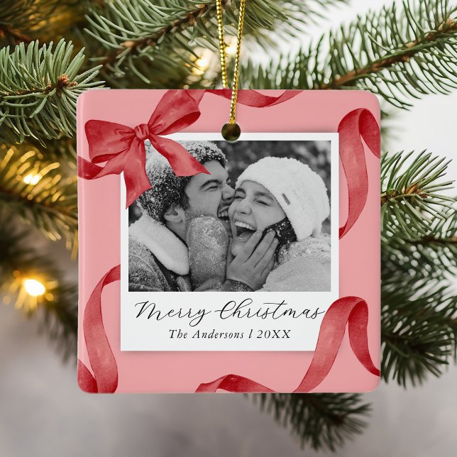 Elegant Rosa Red Bow Photo Helgdag Julgransprydnad Keramik (Skapare uppladdad)