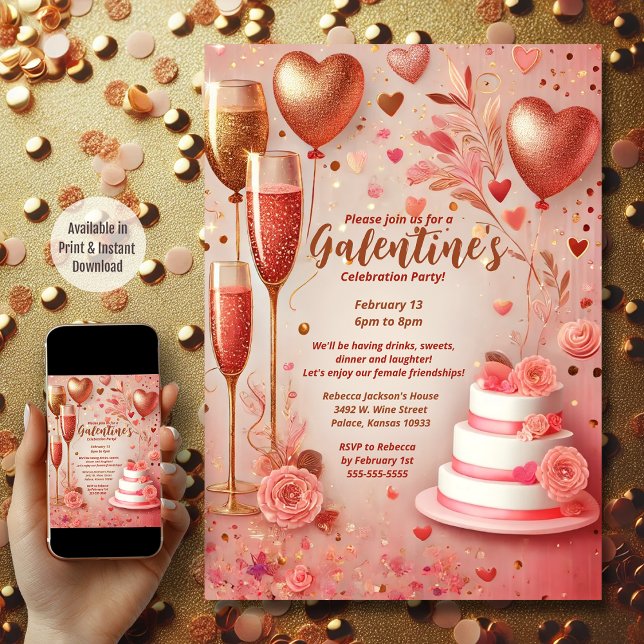 Elegant Rosa Red Champagne Galentine's Day Party Inbjudningar (Galentine's Day)