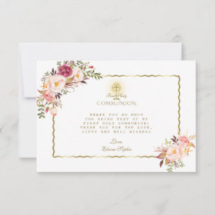 Elegant Rosa Red Flowers Guld First Heliga Communi Tack Kort