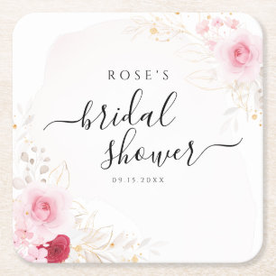 Elegant Rosa Red & Guld Blommigt Möhippa Underlägg Papper Kvadrat