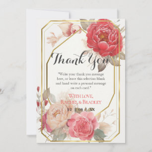 Elegant Rosa Red Peony Bröllop Guld Ram Tack Kort