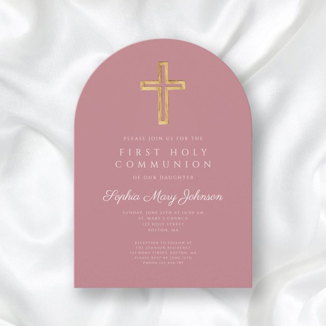 Elegant Rosa Religiösa Girl First Communion Arch Inbjudningar (Elegant Pink Religious Girl First Communion Arch Invitation)