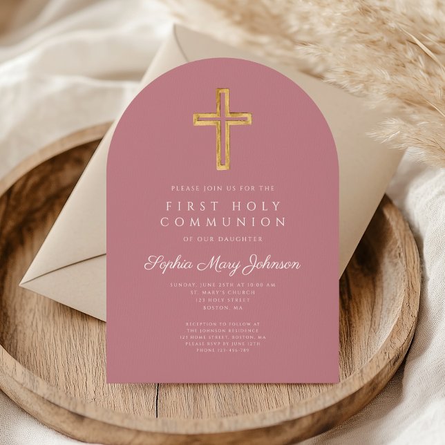 Elegant Rosa Religiösa Girl First Communion Arch Inbjudningar (Elegant Pink Religious Girl First Communion Arch Invitation)