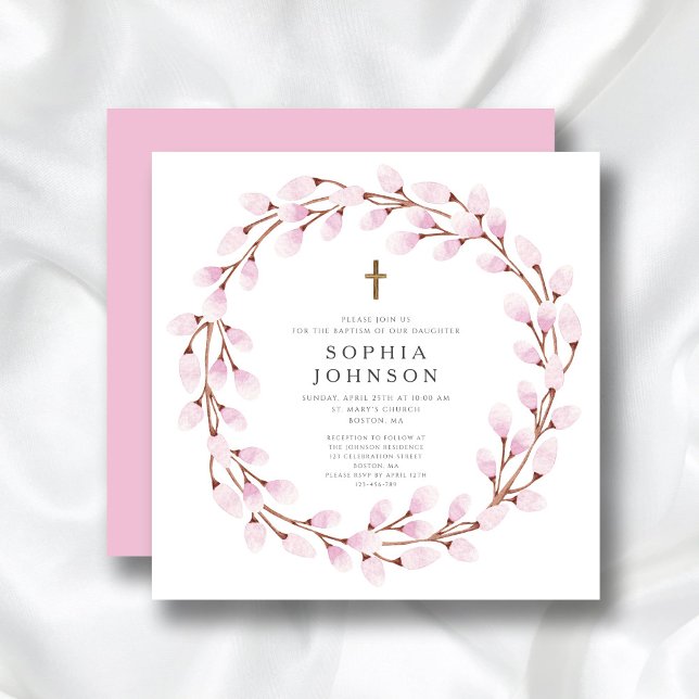 Elegant Rosa Religiösa Kor Baptism Inbjudningar (Elegant Pink Religious Cross Baptism Invitation)