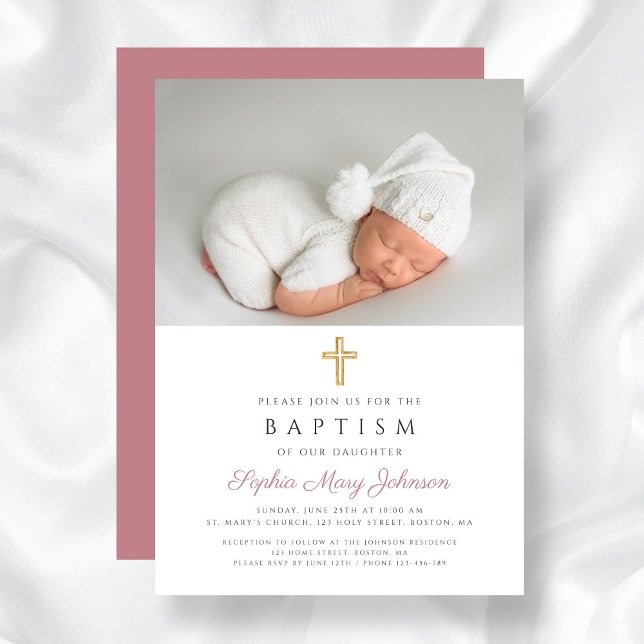 Elegant Rosa Religiösa Kor Flickfoto Baptism i  Inbjudningar (Elegant Pink Religious Cross Girl Photo Baptism Invitation)