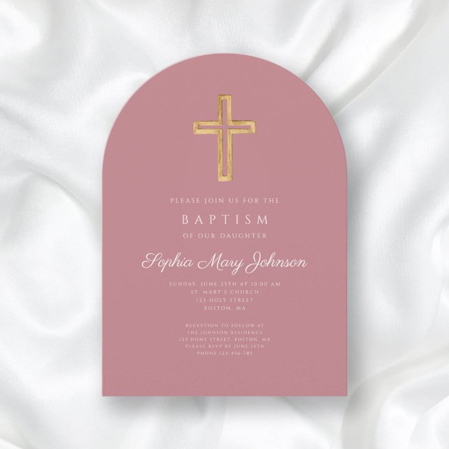 Elegant Rosa Religiösa Kor Girl Baptism Arch Inbjudningar (Elegant Pink Religious Cross Girl Baptism Arch Invitation)